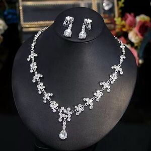 Silver Crystal Drop Necklace and Earrings Set - Elegant Bridal Jewelry